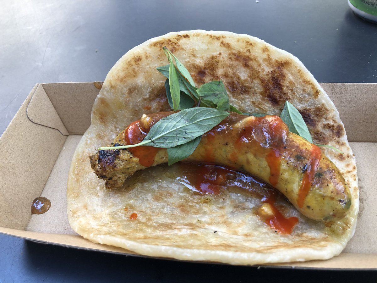 It’s the United Nations of sausages <a href="/UniofAdelaide/">Uni of Adelaide</a> <a href="/TastingAus/">Tasting Australia presented by RAA Travel 🍽</a> Festival of Sausage in Bread. The Thai in roti is a winner. Oliver likes the chorizo #safood