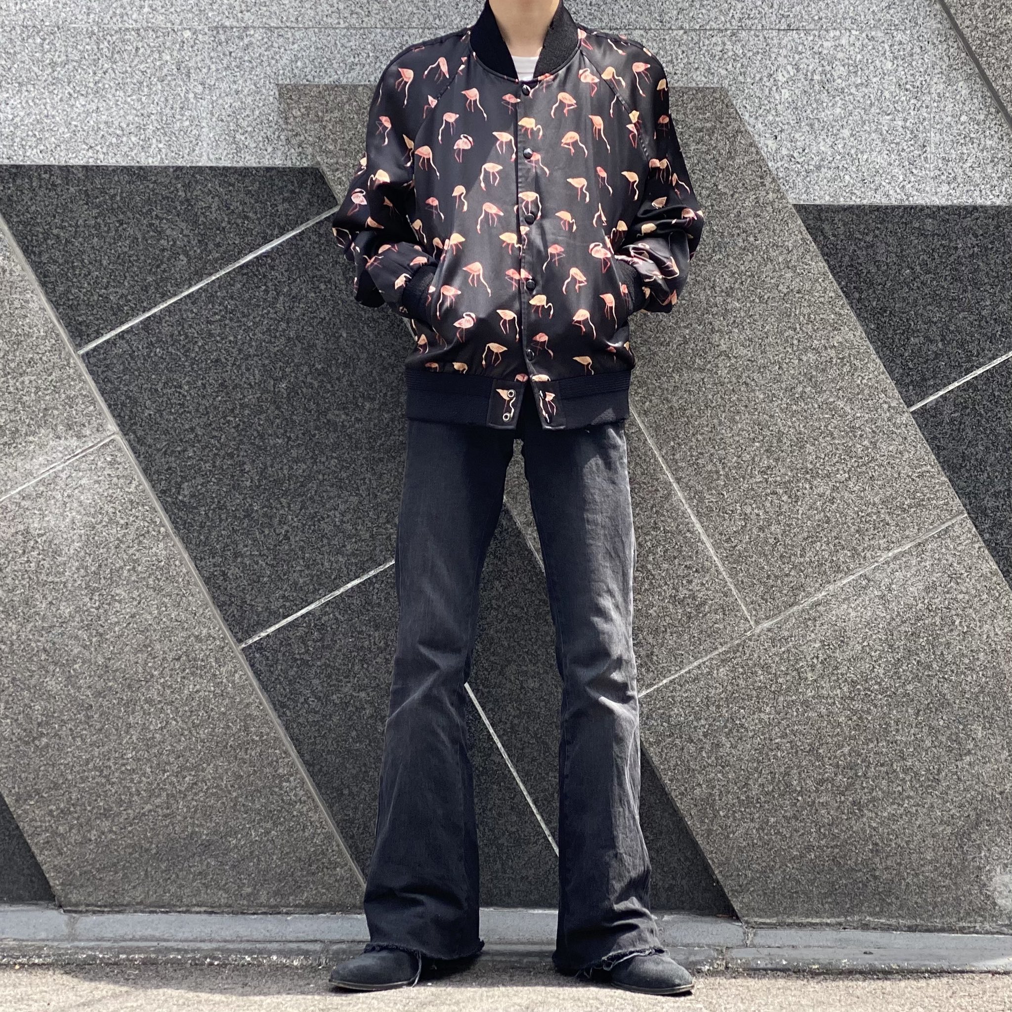 【極美品】サンローラン　ダメージ加工　ジャケット　ブルゾン　フラミンゴプリント 極美品】サンローラン ダメージ加工 ジャケット ブルゾン フラミンゴ