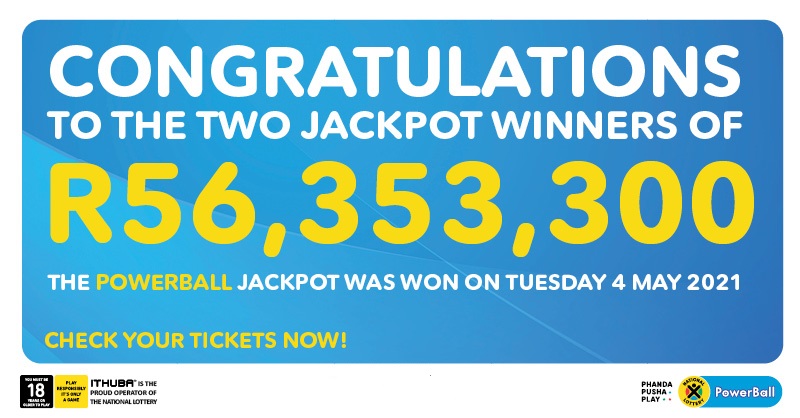 Congratulations Kwa Zulu-Natal & Western Cape! You have new #PowerBall jackpot winners of R56,373,300.36 each from 04/05/21 draw!

https://t.co/xNBqkXAiBb https://t.co/K1UkZa7oOv