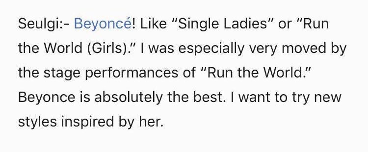 March 2017 Billboard Interview @ SXSW #SEULGI mentioned "Single Ladies" or "Run The World (Girls)" as the kind of songs she'd like to try during another interview."I want to try new styles inspired by her." https://www.billboard.com/articles/events/sxsw/7728798/red-velvet-headlining-sxsw-k-pop-night-out-interview/ #슬기  @RVsmtown