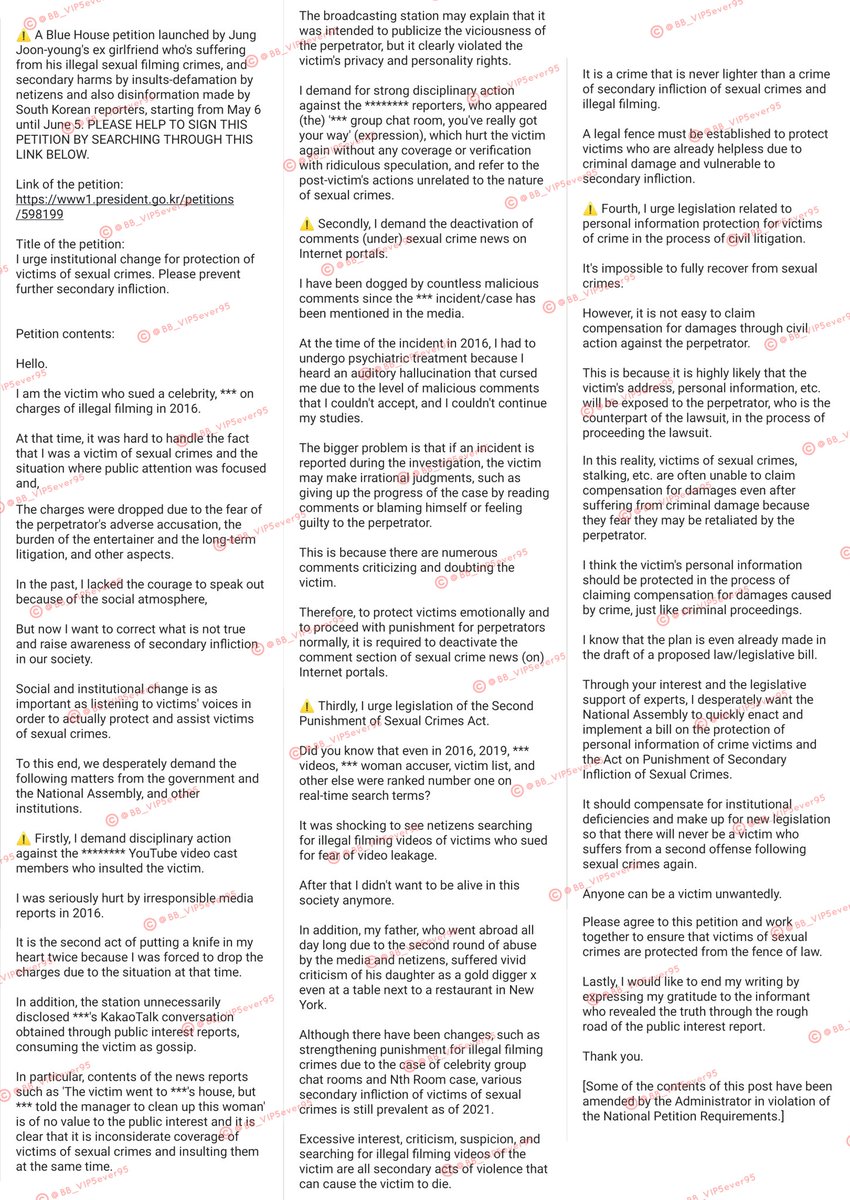 PLZ HELP TO SIGN & RT/SPREADPlease HELP to sign this Blue House petition launched by  #JungJoonYoung's victim to demand 4 things to resolve the secondary harms on victims of sexual crimes issue, until it reach 200k signs!!!May 6 - June 5 only https://www1.president.go.kr/petitions/598199  https://twitter.com/BB_VIP5ever95/status/1390525715422932992