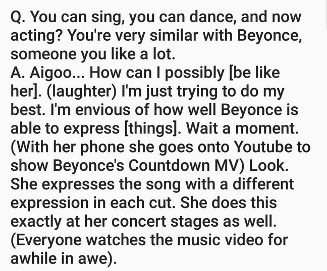 2017 Interview #SEULGI showed an interviewer Beyoncé's Countdown MV to talk about how she wants to become an expressive performer like her. #슬기  @RVsmtown