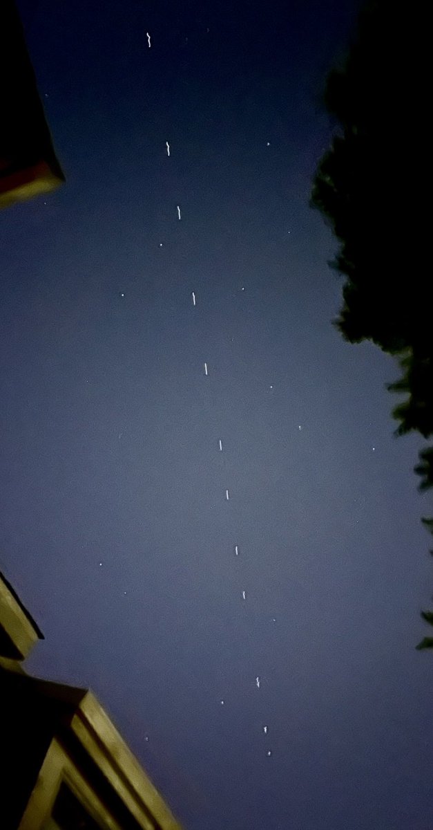 acmishra's tweet image. Crude iPhone photo, but very cool to see the StarLink satellites zoom by tonight. Recently deployed StarLink satellites take a few days to spread out into their orbits. When the alien invasion occurs, it’ll look like E Musk is just flying his satellites. 😎
#StarLink #Satellites