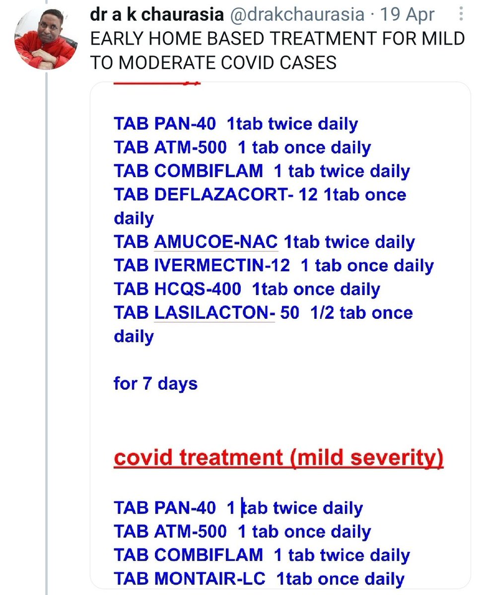 The handle heavily uses anecdotal data to advise potential harmful medications such as diuretics and antibiotics for mild  #COVID19India. This is from a modern medicine trained panicked doctor. Such persons are a farce to the scientific temper of this country. Utter rubbish