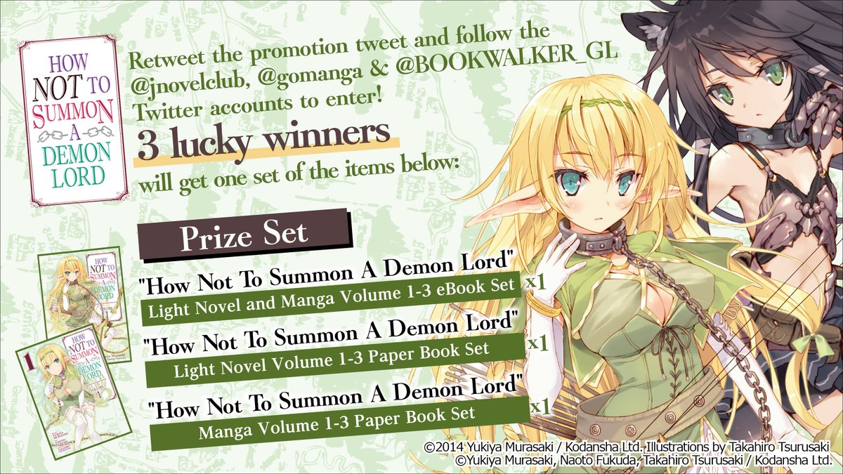BOOK☆WALKER Global (@bookwalker_gl) on Twitter photo 5 winners will get one paper and eBook set of How NOT to Summon a Demon Lord!
<Prize Set>
Refer to this tweet's image!
How to enter:
1) Follow <a href="/jnovelclub/">J-Novel Club</a> , <a href="/gomanga/">Seven Seas Entertainment</a> & <a href="/BOOKWALKER_GL/">BOOK☆WALKER Global</a>
2) Retweet this Tweet
Entry period ends June 3 PT!
Details Here: bit.ly/3uru8Yj 5 winners will get one paper and eBook set of How NOT to Summon a Demon Lord!
<Prize Set>
Refer to this tweet's image!
How to enter:
1) Follow <a href="/jnovelclub/">J-Novel Club</a> , <a href="/gomanga/">Seven Seas Entertainment</a> & <a href="/BOOKWALKER_GL/">BOOK☆WALKER Global</a>
2) Retweet this Tweet
Entry period ends June 3 PT!
Details Here: bit.ly/3uru8Yj