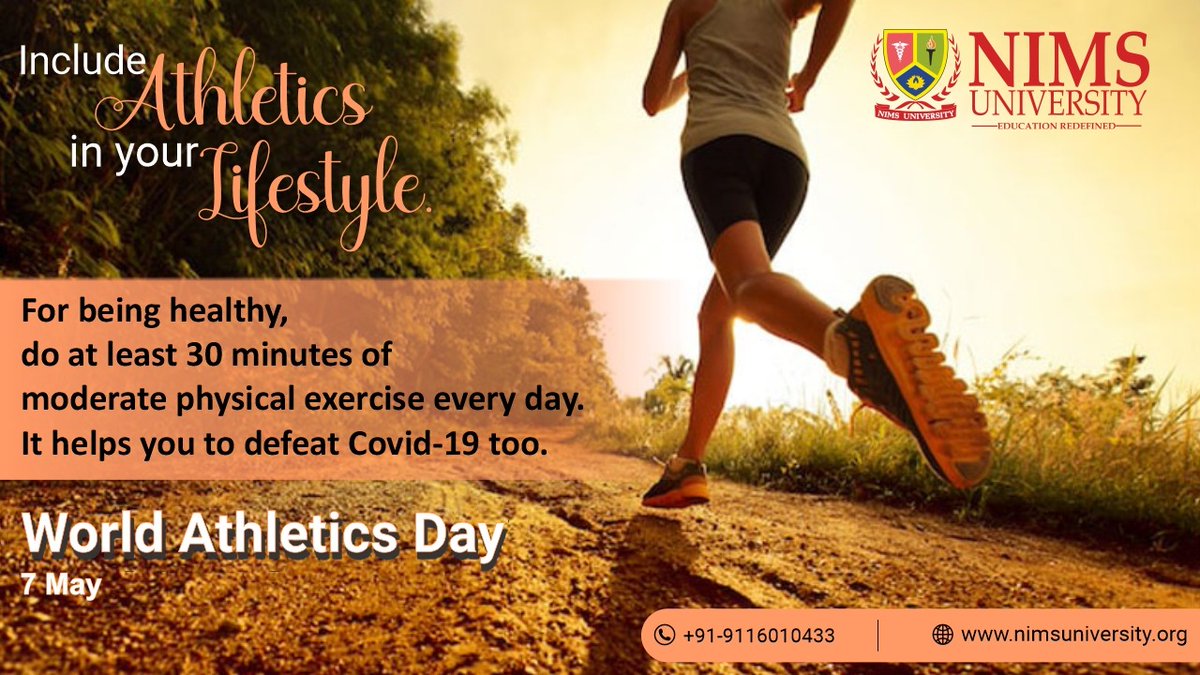 Greetings on #WorldAthleticsDay2021. #NIMSUniversity provides the best atmosphere for study and being fit.

Features available:
• Lush green campus • Gym • Stadium and Courts • Swimming pool

For admission inquiry, call on 9116010433.

#NIMS #NIMSMedicalCollege #Management