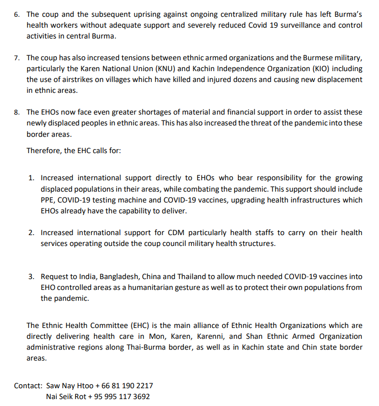 myradah's tweet photo. #EthnicHealthCommittee's (EHC) statement about growing public health emergency in #Burma’s ethnic organizations in #Mon, #Karen, #Karenni & #Shan Ethnic Armed Organization administrative regions along Thai-Burma border, as well as in #Kachin state & #Chin state border areas. https://t.co/esdCeNfaEH