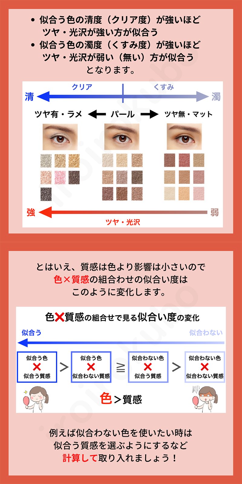 久保 パーソナルカラー診断 メイクをツヤかマットかで悩んでる全ての人へ パーソナルカラー視点で選ぶコスメの質感を解説しました コスメだけではなく服も含め全てに共通する考え方なので 色と質感の組合せを計算してできるようになりたい人は必見です