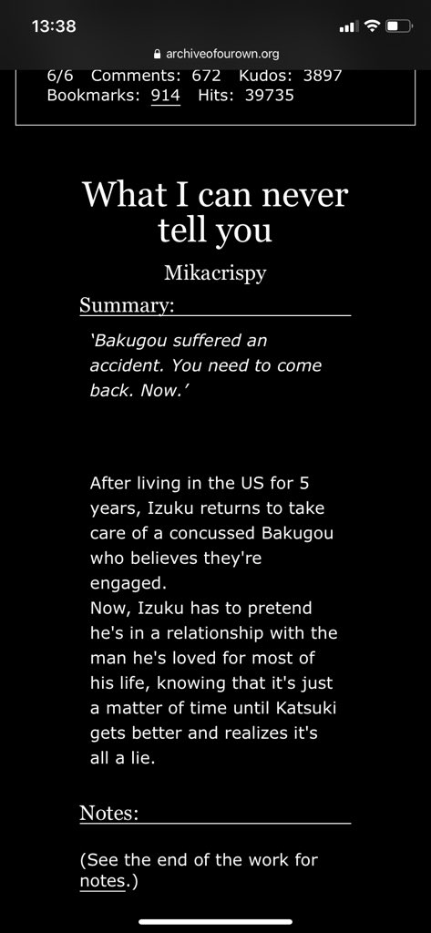 What I can never tell you @CrispyMika Bakugou is concussed and believes that he and Deku are engaged a little horny but that's okay 10/10 https://archiveofourown.org/works/25895311/chapters/62927455