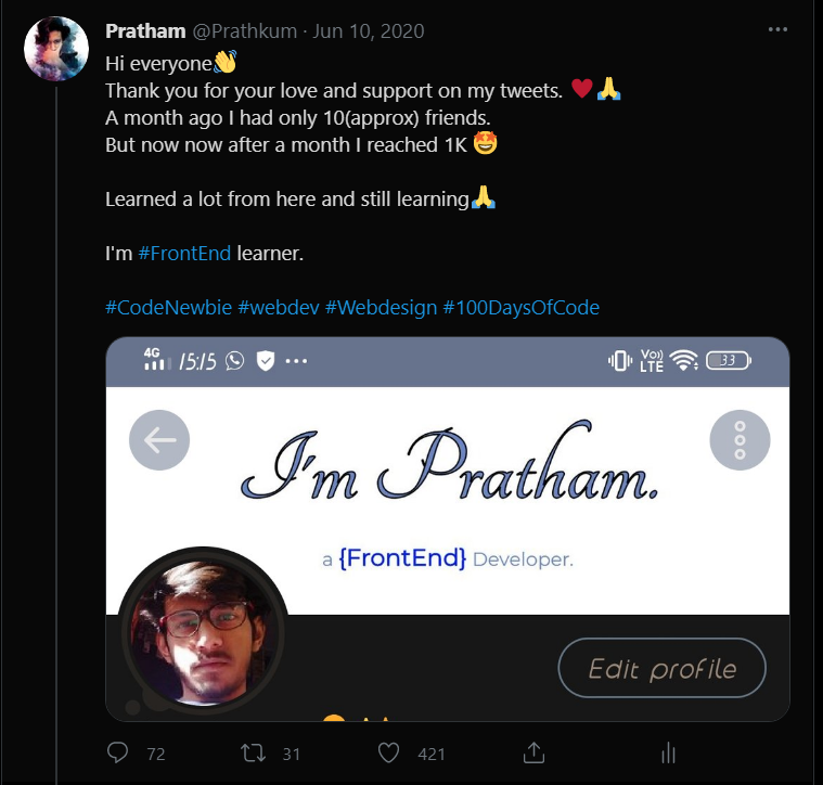 By following this simple tricks, I had built around 1K audience in a month. https://twitter.com/Prathkum/status/1270656003873390593?s=20