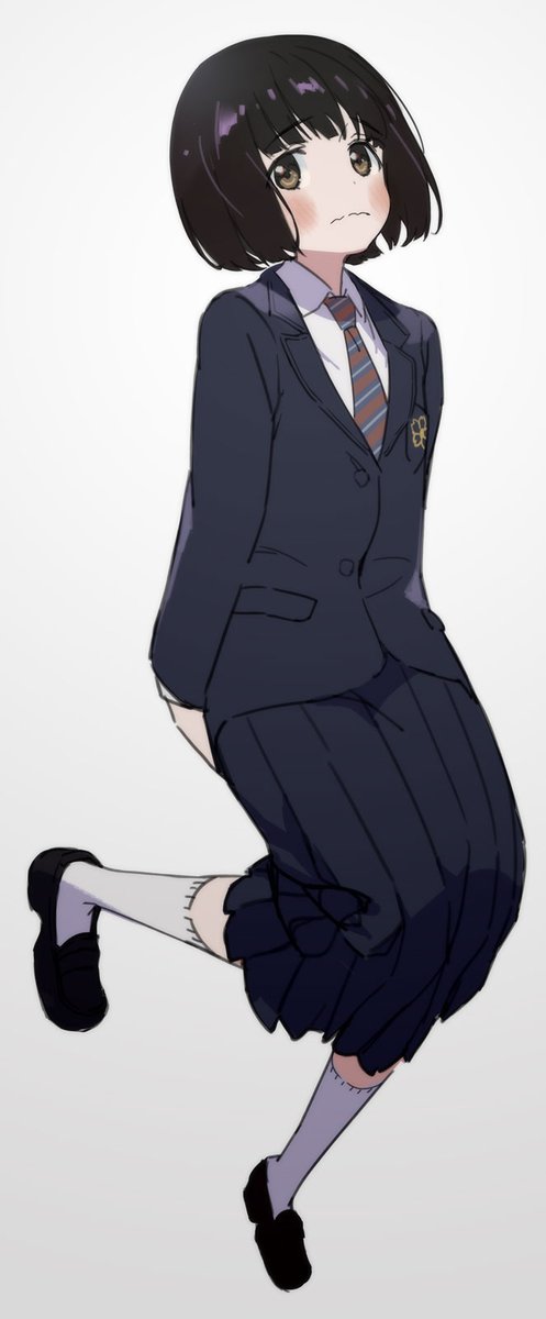 1girl solo skirt school uniform bob cut necktie black hair  illustration images