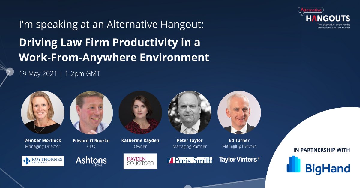 Looking forward to speaking at this Alternative Hangout- “Driving Law Firm Productivity in a Work-From-Anywhere Environment”, 19th May at 1pm
Register here to attend the <a href="/altevents_/">Alternative Events</a>