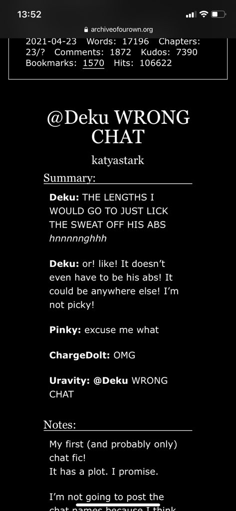 @/Deku WRONG CHATby  @katyastark2 Deku's horny that's why he goes to horny jail. Class A is NOT supportivethis is so funny and cute, bakugou is a mess as usual not finished but i like it /10 https://archiveofourown.org/works/24806725/chapters/59995255