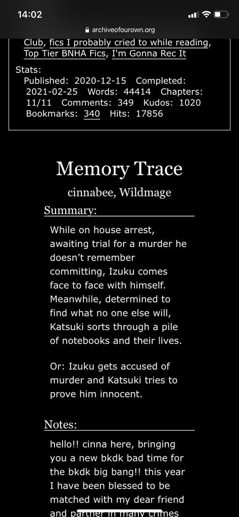Memory Trace @cinnabii and WildmageDeku is wrongly accused and now is in house arrest. Bakugou tries to solve the investigationthis is SO MIND BLOWING i actually went  and IT HAS ARTS!!my last braincell/10 https://archiveofourown.org/works/27993408/chapters/68566158