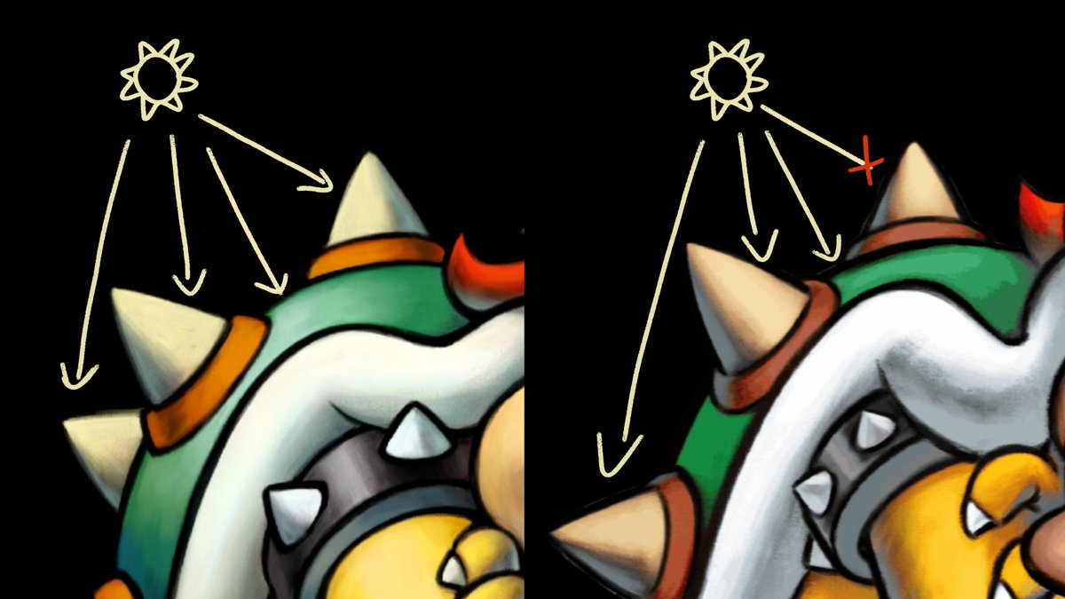 The lighting on the top spike doesn't match with the light source; it should be brighter on the left, not right.Same can be said for the top spike on the arm bracelet.