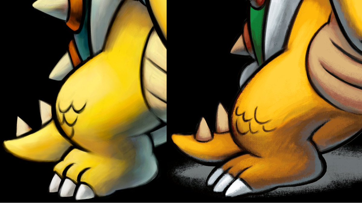 Bowser's feet in the new art looks flatter than the original, and looks too long.Also, the scales on his knees and elbows look less consistent; they look randomly placed, instead of following a clean pattern like the original.The spikes on his tail look weird.