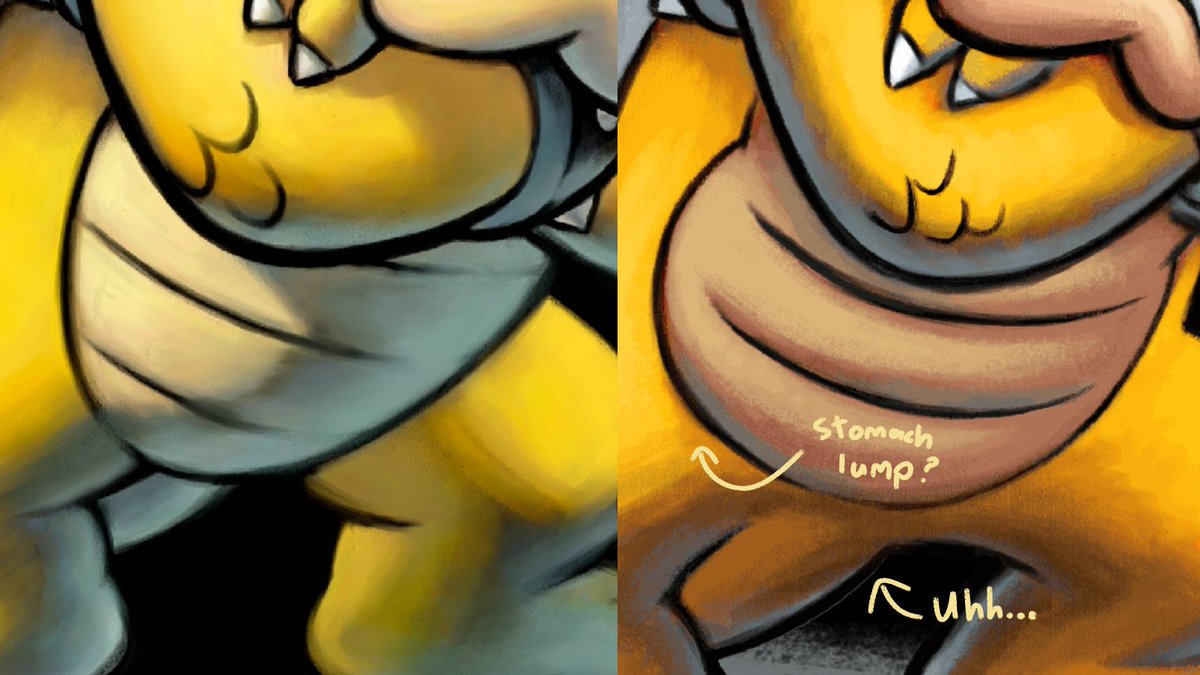 For some reason, Bowser has a lump in his stomach? I don't think his stomach can do that, correct me if I'm wrong.Also, the way his tail is drawn is... questionable. I don't want to discuss any further.