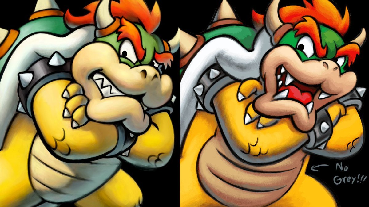 There's no grey on Bowser's stomach or face. Not only is that inconsistent, it also makes both features look flat.Uuughh...