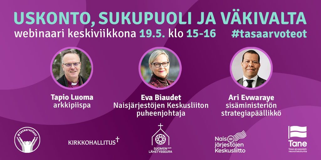 Suomi on Euroopan kärkimaita naisiin kohdistuvan väkivallan määrässä. Millainen on uskonnon rooli naisiin kohdistuvassa väkivallassa ja sen ehkäisemistyössä? 19.5. webinaarissa keskustelemassa mm. @LuomaTapio, @EvaBiaudet ja ja Ari Evwaraye. evl.fi/plus/yhteiskun…