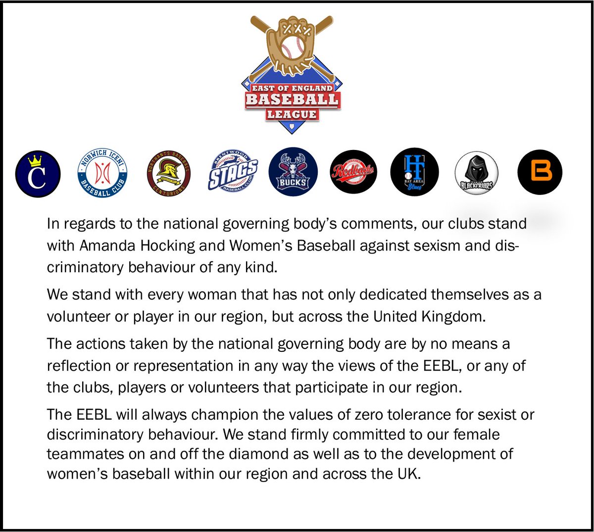 -East of England Baseball League Statement - 
<a href="/NorwichBall/">Norwich Iceni Baseball</a> 
<a href="/NorthantsBball/">Northants Baseball</a> 
<a href="/BStags/">Brentwood Stags</a> 
<a href="/mkbucksbbclub/">Milton Keynes Baseball Club</a> 
<a href="/CambsBaseball/">Cambridge Baseball</a> 
<a href="/essexredbacks/">Redbacks Baseball</a> 
<a href="/HarwichTownBlue/">Bay Area Blues</a> 
<a href="/Bedsbaseball/">Bedfordshire Baseball Club</a>
