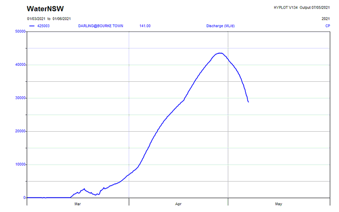 The total flow for the event so far at the Bourke town gauge is 1130 GL. If the hydrograph were symmetrical from here (won't be), the total flow would be about 1400 GL. Compare the estimated total flow upstream at Walgett, which was ~1300 GL.