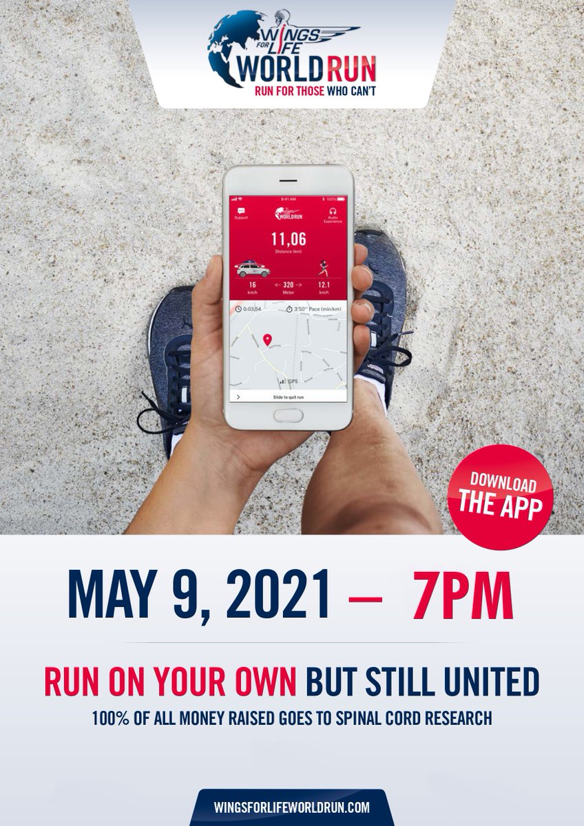 Ready to make a change? Join us this May 9, 2021 for Wings For Life World Run 👟 A one of kind marathon from your phone 📲 Help us make a change for those who suffer from spinal chord injury wingsforlifeworldrun.com