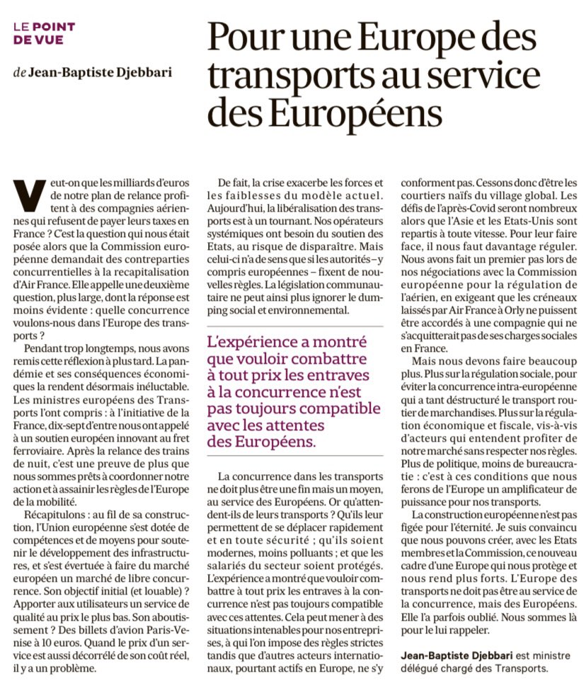 Belle prise de position de <a href="/Djebbari_JB/">Jean-Baptiste Djebbari</a> ! Problématique  identique sur le transport maritime, ou les armateurs français <a href="/CorsicaLinea/">Corsica Linea</a> <a href="/lameridionale/">La Méridionale</a> et <a href="/bferriescorpo/">Brittany Ferries</a> ne peuvent combattre le dumping social intra-européen. Une action commune <a href="/Djebbari_JB/">Jean-Baptiste Djebbari</a> / <a href="/AnnickGirardin/">Annick Girardin</a> s'impose