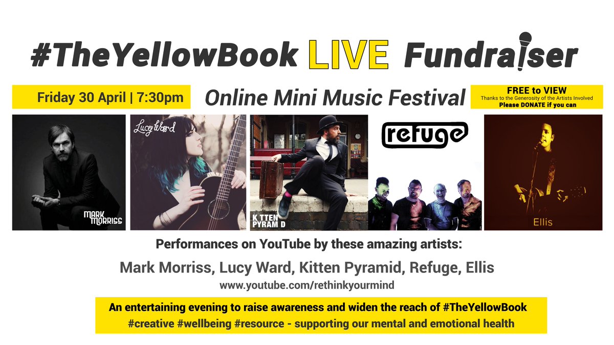 .#TheYellowBookLive has raised £750! WOW! A huge, huge thank you to everyone!! Watch the event youtube.com/watch?v=KuJsoQ… Our hats off to the amazing @TheQuill of @TheBluetones @LucyWardSings @kittenpyramid @musicfromrefuge Ellis @StudiosDeadline @FancourtMusic @TCO_Wellbeing TY👏