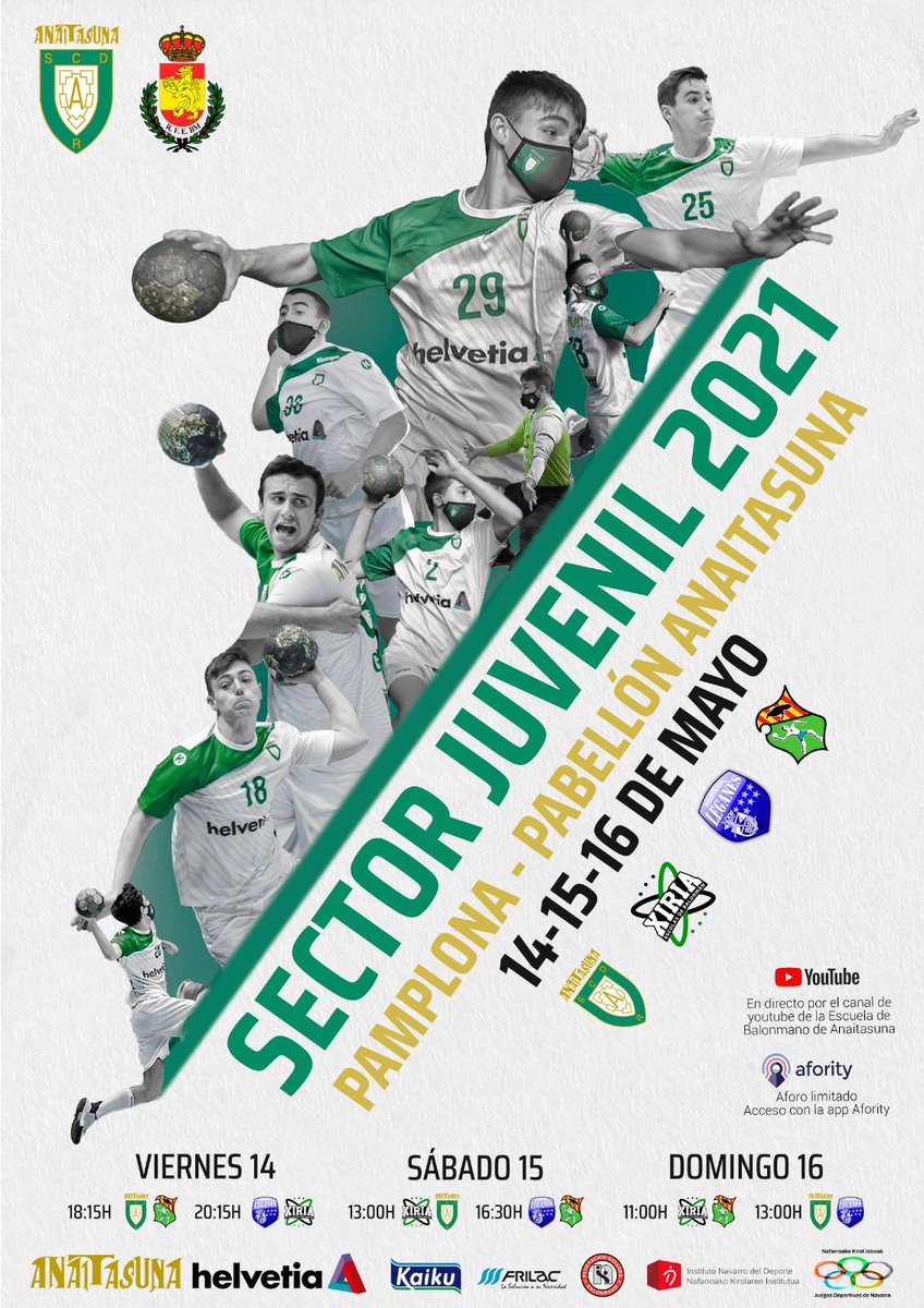 🏆SECTOR JUVENIL MASC.
🏟Pabellón Anaitasuna
🗓14-16 Mayo
🆚 <a href="/BMAnaitaBase/">BALONMANO ANAITASUNA BASE</a> , <a href="/balonmanxiria/">Escolas de Balonmán Xiria</a> , <a href="/BMGranollers/">BM Granollers</a> B y <a href="/CBLeganes/">C.Balonmano Leganés</a> 
📺 youtube.com/c/EscuelaBMAna…

🎙”¡Ya viene! El sector juvenil masculino se jugará en el Pabellón con aforo limitado. ¡Mucha suerte a nuestros chicos!”