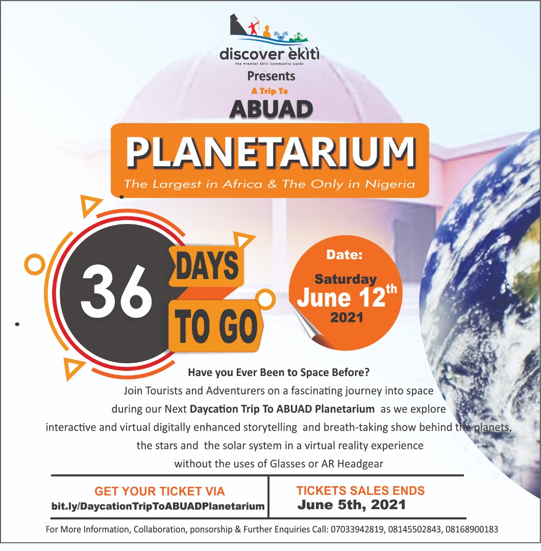 ekititrends's tweet image. #36DaysToGo

Have you Ever Been on a Voyage Journey to Space Before?

Join Tourists and Adventurers on a fascinating journey into space during our Next Daycation Trip To ABUAD Planetarium  as we explore interactive and virtual digitally enhanced storytelling and @Discover_Ekiti