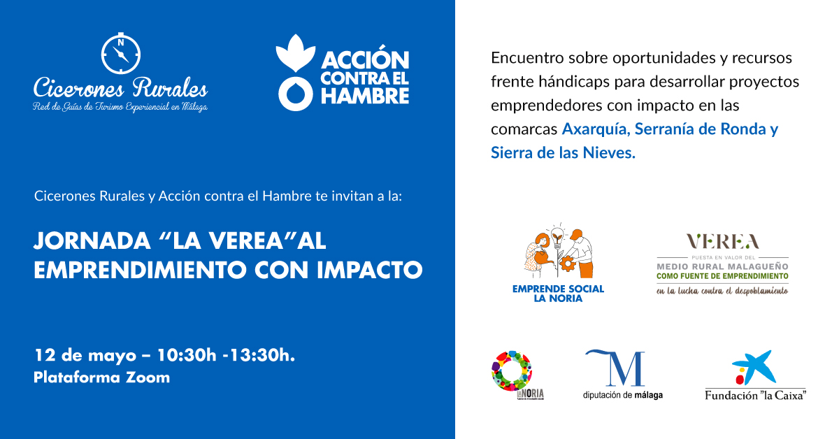 💡Jornada 'La Verea' al #emprendimiento con #Impacto

📅12 de Mayo
⏰10:30

@ciceronrural y <a href="/Acontraelhambre/">Acción contra el Hambre España</a>  presentará estudios y recursos sobre emprendimiento en las comarcas de de la Axarquía, Serranía de Ronda y Sierra de la Nieves.
 
inscripciones 👉 bit.ly/33gXBrU