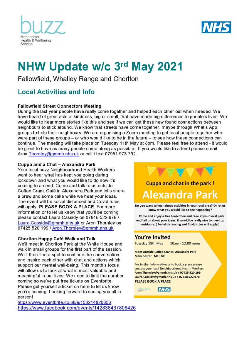 @buzzmanc NHW update for #Chorlton, #WhalleyRange and #Fallowfield. Come see us for a cuppa and chat in @AlexParkMCR (please do book), online tai chi with @HMHCmcr, jobs, volunteering with @StitchedUpUK and @ManchesterCares  and more