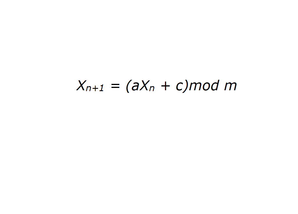 Let's think of any four numbers:Xₙ -> is the start value of seed 𝐚 -> number which is going to be multiplied with Xₙ c -> number which is going to be added to aXₙm -> the number by which we are going to divide the resulting equation (aXₙ + c) to get the remainder.