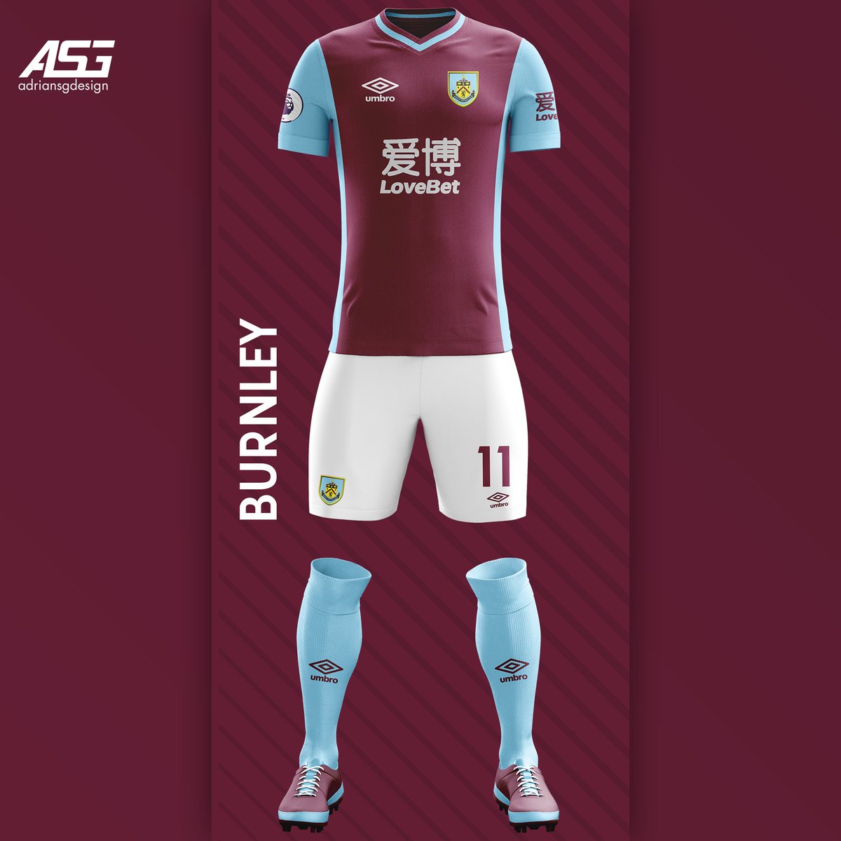 Burnley  @BurnleyOfficial Simple yet clean. Maroon base with blue sleeves, as well as that there is blue down the sides of the shirt.