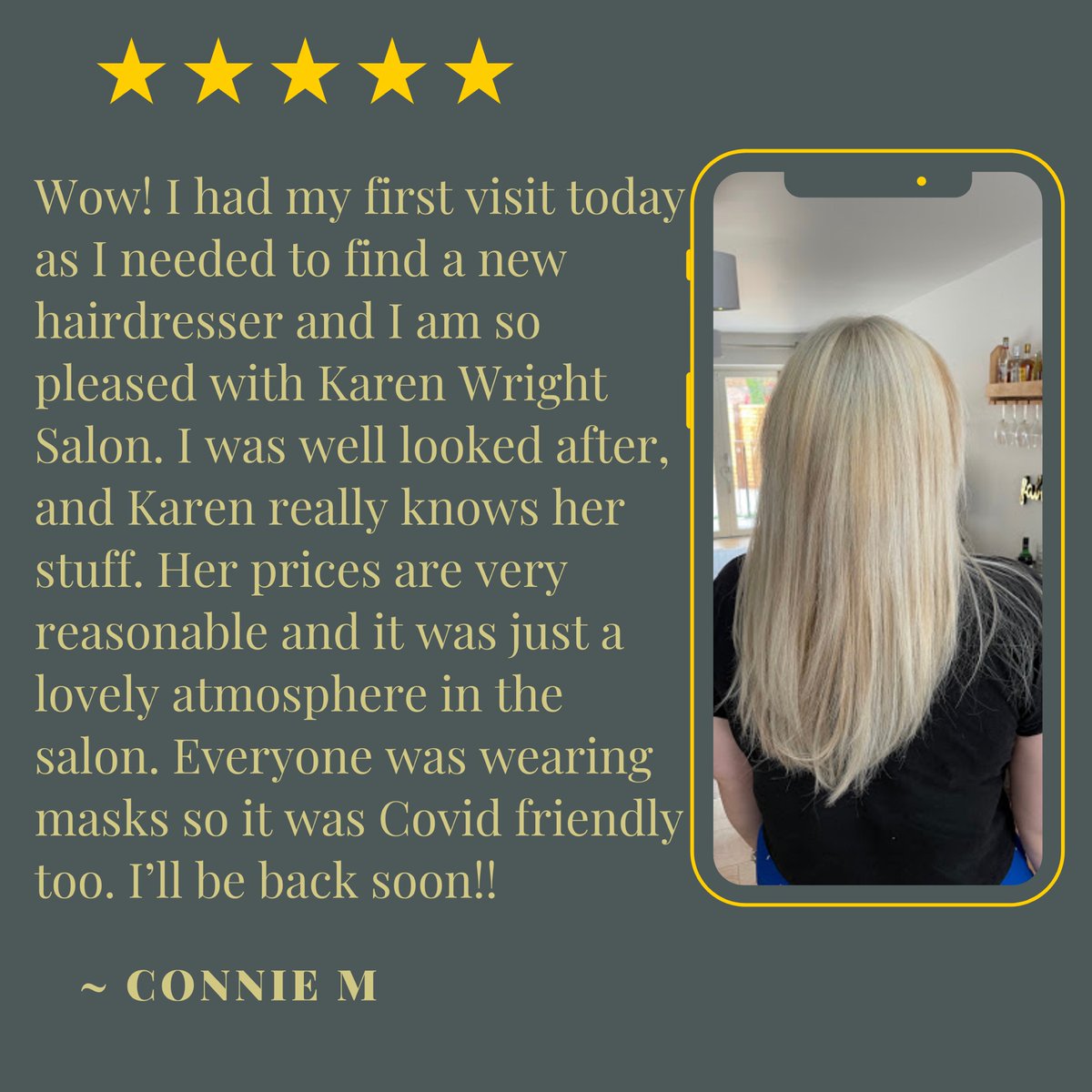#feedbackfriday lovely review from @conniemuir 
#karenwrightsalon #hairsalon #hairsalonthorntonheath #haircare #haircolour #davineshaircolour #organichaircare