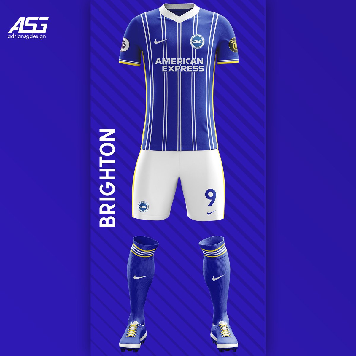 Brighton  @OfficialBHAFC An evolution of last season's kit, this new kit has double pinstripe lines with yellow instead of gold.
