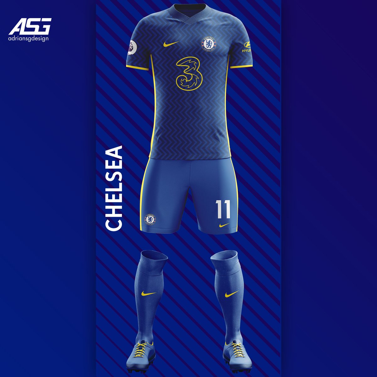 Chelsea  @ChelseaFC A zig-zag design in a darker blue, capped off with yellow highlights and yellow sponsors.