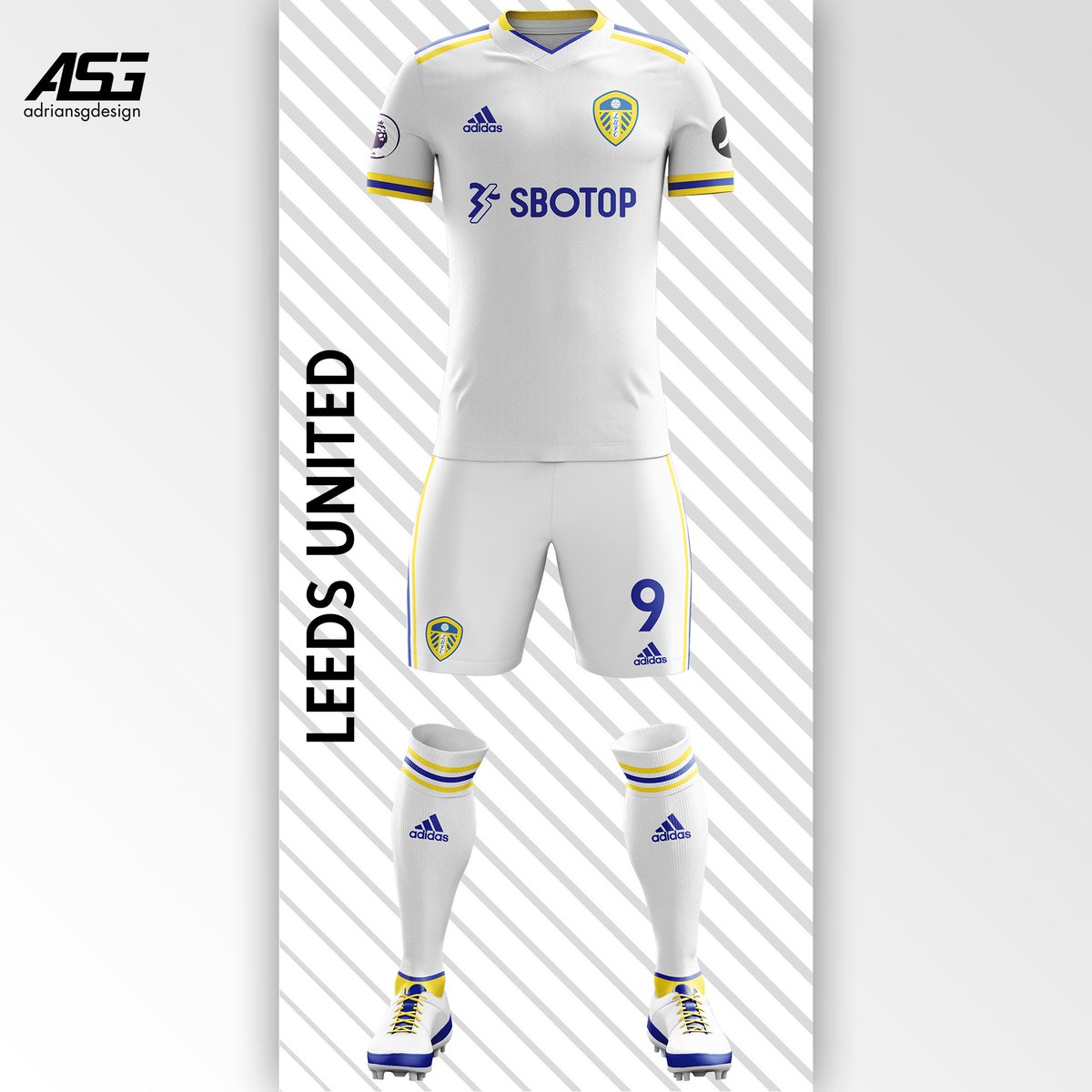 Leeds  @LUFC White base with some yellow and blue highlights. One of the adidas lines are blue with the other two being yellow.
