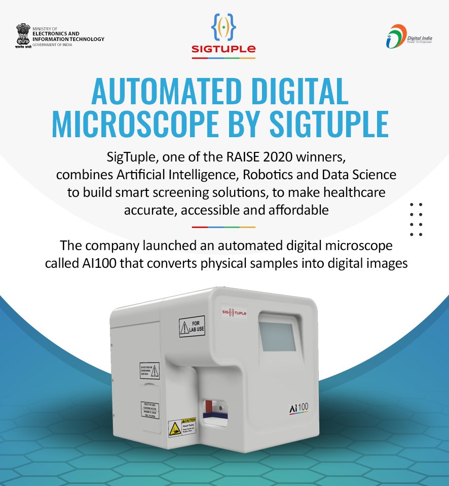 Digital India (@_digitalindia) on Twitter photo .<a href="/sigtuple/">SigTuple</a>, one of the <a href="/RaiseAISummit/">RAISE 2020 Virtual Summit</a> winners, combines #AI, robotics & data science to build smart screening solutions, to make healthcare accurate, accessible & affordable. They launched an automated digital microscope- AI100 that converts physical samples into digital images. .<a href="/sigtuple/">SigTuple</a>, one of the <a href="/RaiseAISummit/">RAISE 2020 Virtual Summit</a> winners, combines #AI, robotics & data science to build smart screening solutions, to make healthcare accurate, accessible & affordable. They launched an automated digital microscope- AI100 that converts physical samples into digital images.