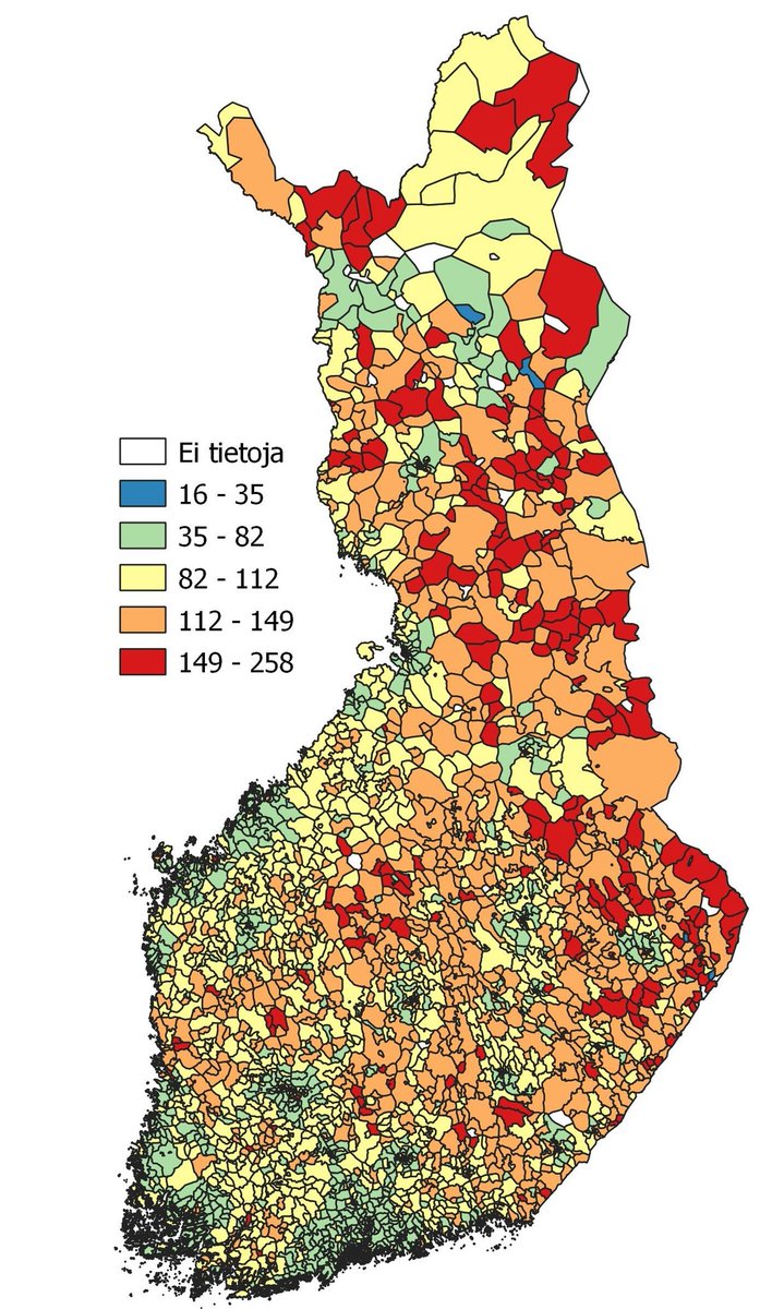 JoakimZitting's tweet photo. @DiakAmk @sokrahanke -indikaattorityö jatkuu, tulevaisuudessa Huono-osaisuus Suomessa -karttasivustomme pääsee postinumerotasolle. Kuvassa postinumeroalueiden työttömyys &amp; pienituloisuus -lukema kartalla, vertailuarvo 100 kuvastaa Suomen mediaania. #eriarvoisuus #osallisuus https://t.co/nrE3vYbxXh