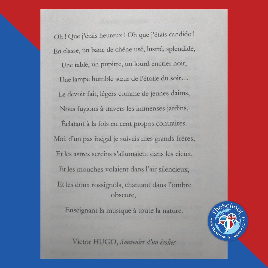 En route pour l’examen de français Delf B1  et B2 : moment de poésie. 

Poème de Victor Hugo : 1802-1885 " Souvenir d'un écolier"  !... Sublime #Literature #Fle #francais #professeur #Frenchtraining