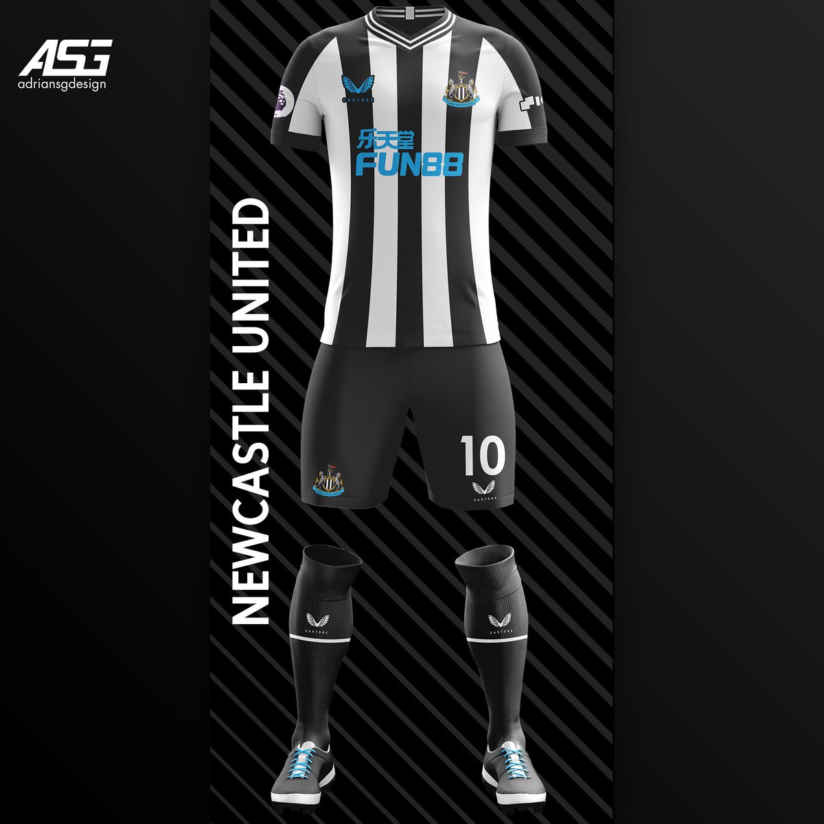 Newcastle United  @NUFC Their first season with Castore kits. White base with three black stripes. Blue sponsors from the Fun88 sponsor too.