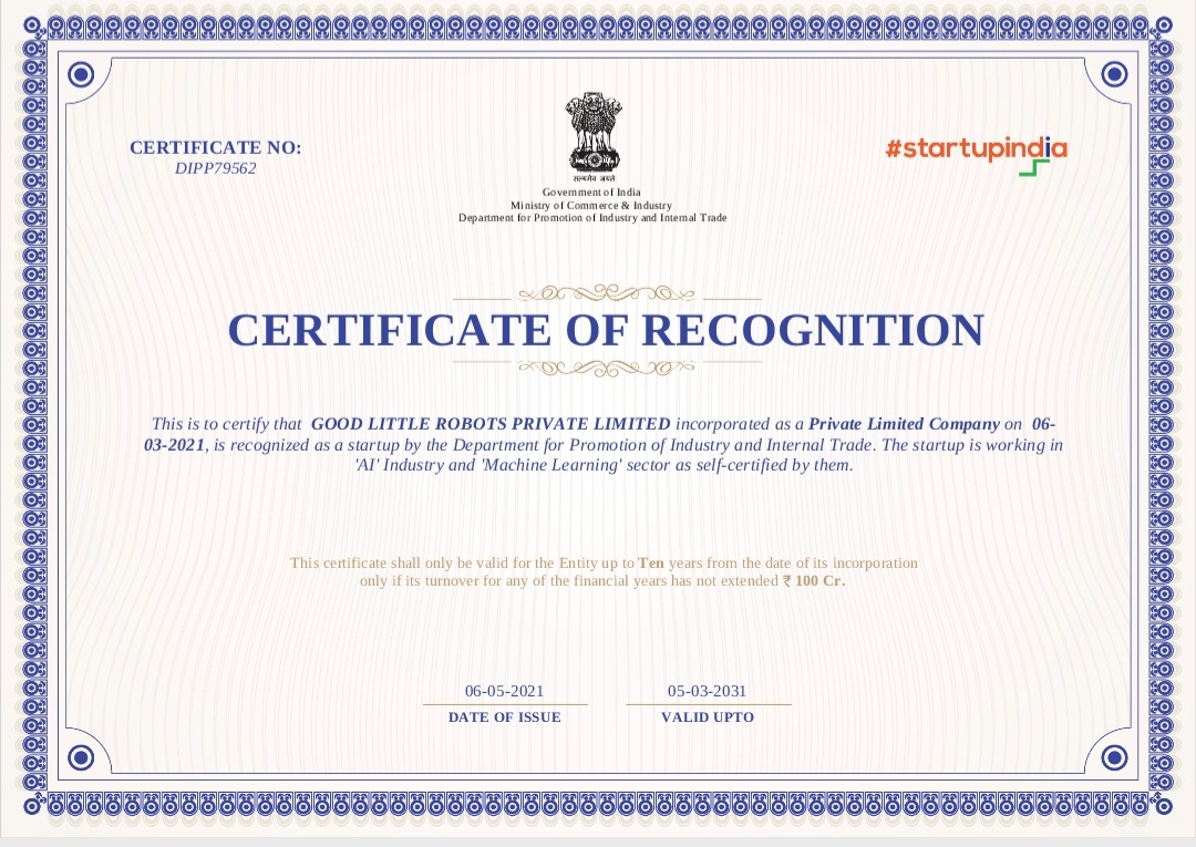 GoodLittleRobot's tweet image. We are proud to announce that we are now a Recognized Startup by DPIIT (Department for Promotion of Industry and Internal Trade), under the Startup India initiative.
#startupindia #recognizedstartup #MakeInIndia #goodthought #proudmoment