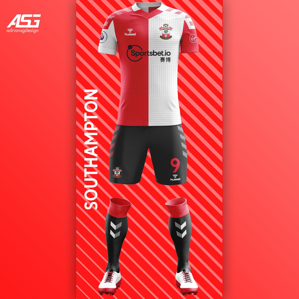 Southampton  @SouthamptonFC This is their first season with Hummel kits. Red and white half and half shirt with the same square line pattern as the Everton kit.