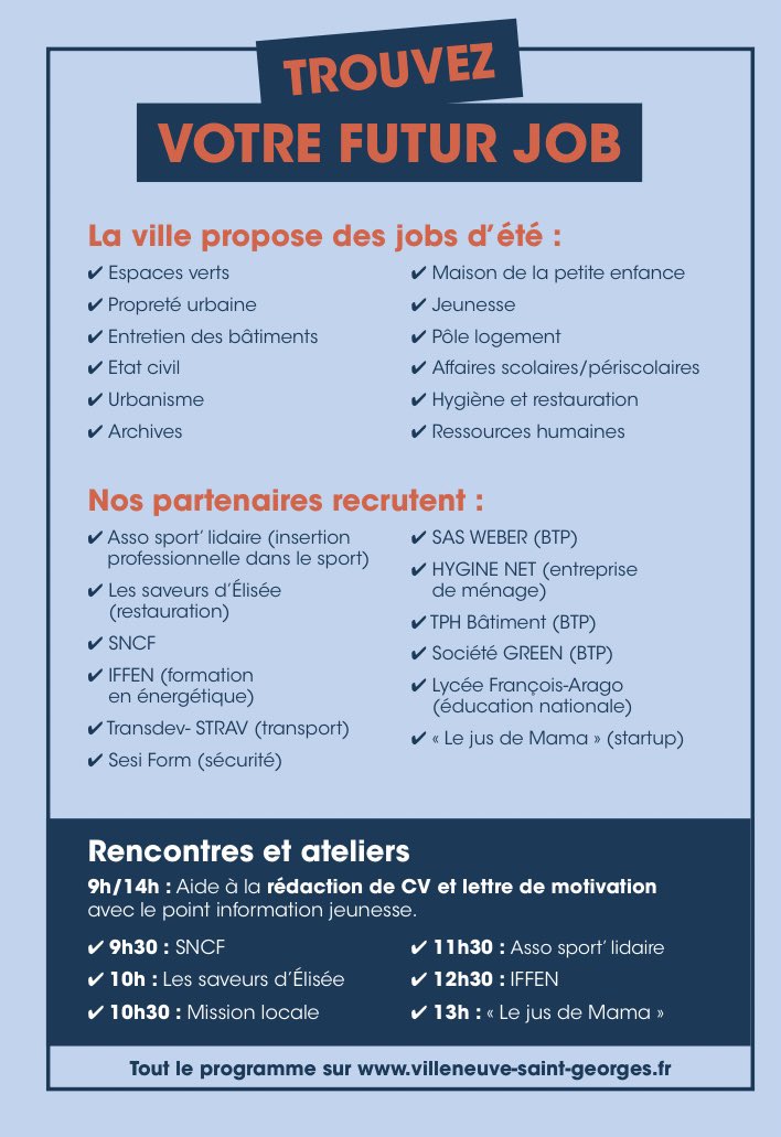 👩‍🎓INFOS JEUNESSES💼

💼TROUVEZ VOTRE FUTUR JOB !
#Jobdating 

📌SAMEDI 22 Mai 2021

⏰De 9h à 14h 

👱‍♀️🧑🏻‍🦱18-25 ans 

📍Parc de la piscine 18 avenue de l’Europe 94190 Villeneuve-Saint-Georges 

Retrouvez le programme :👇

villeneuve-saint-georges.fr/l-actu-a-ville…

@SNCF_Recrute  <a href="/SESIFORM/">sesiform</a> <a href="/IFFEN_FR/">IFFEN</a>