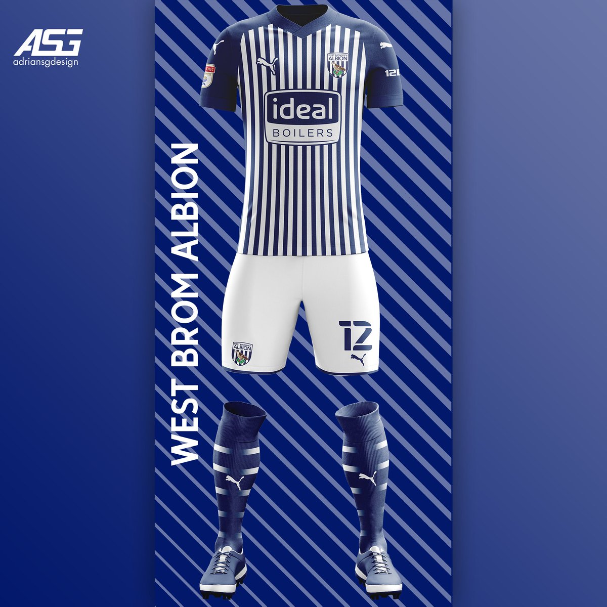 West Brom  @WBA A very thin line design with blue sleeves which is much cleaner compared to this seasons kit.