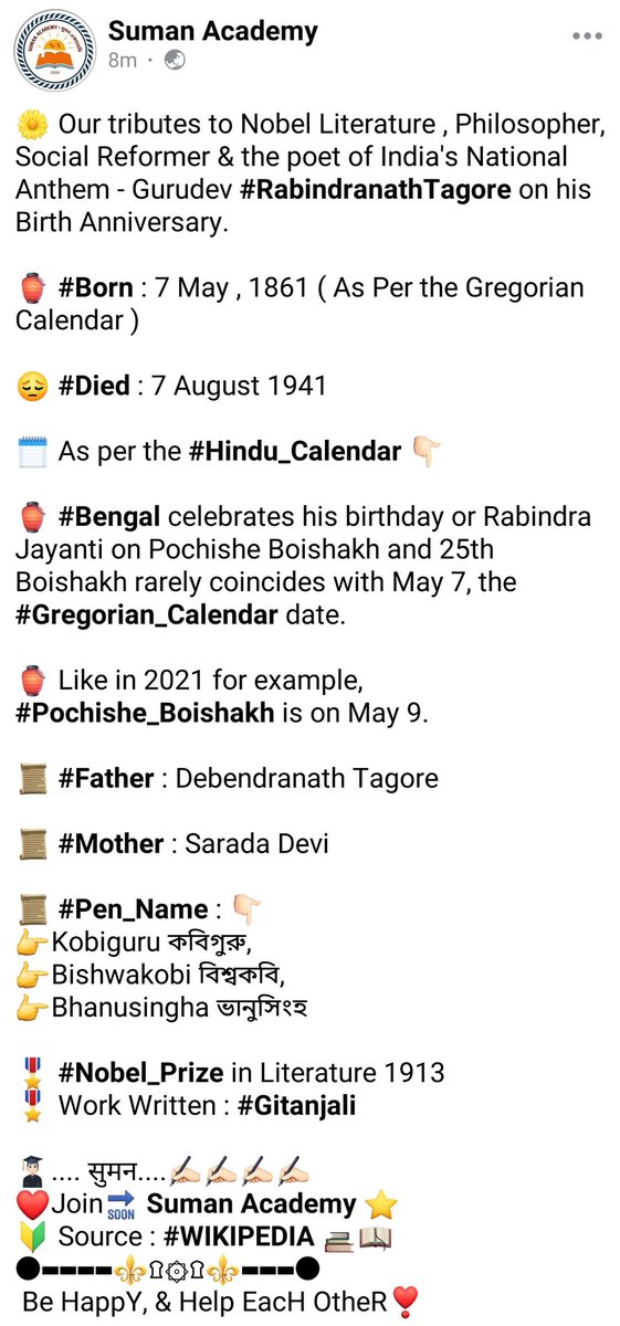 SumanAcademy's tweet photo. 🌼💐 Our tributes to Nobel Literature , Philosopher, Social Reformer &amp; the poet of India's National Anthem - Gurudev #RabindranathTagore on his 160th Birth Anniversary.

#rabindranathtagorejayanti https://t.co/oAuKeNnq6b