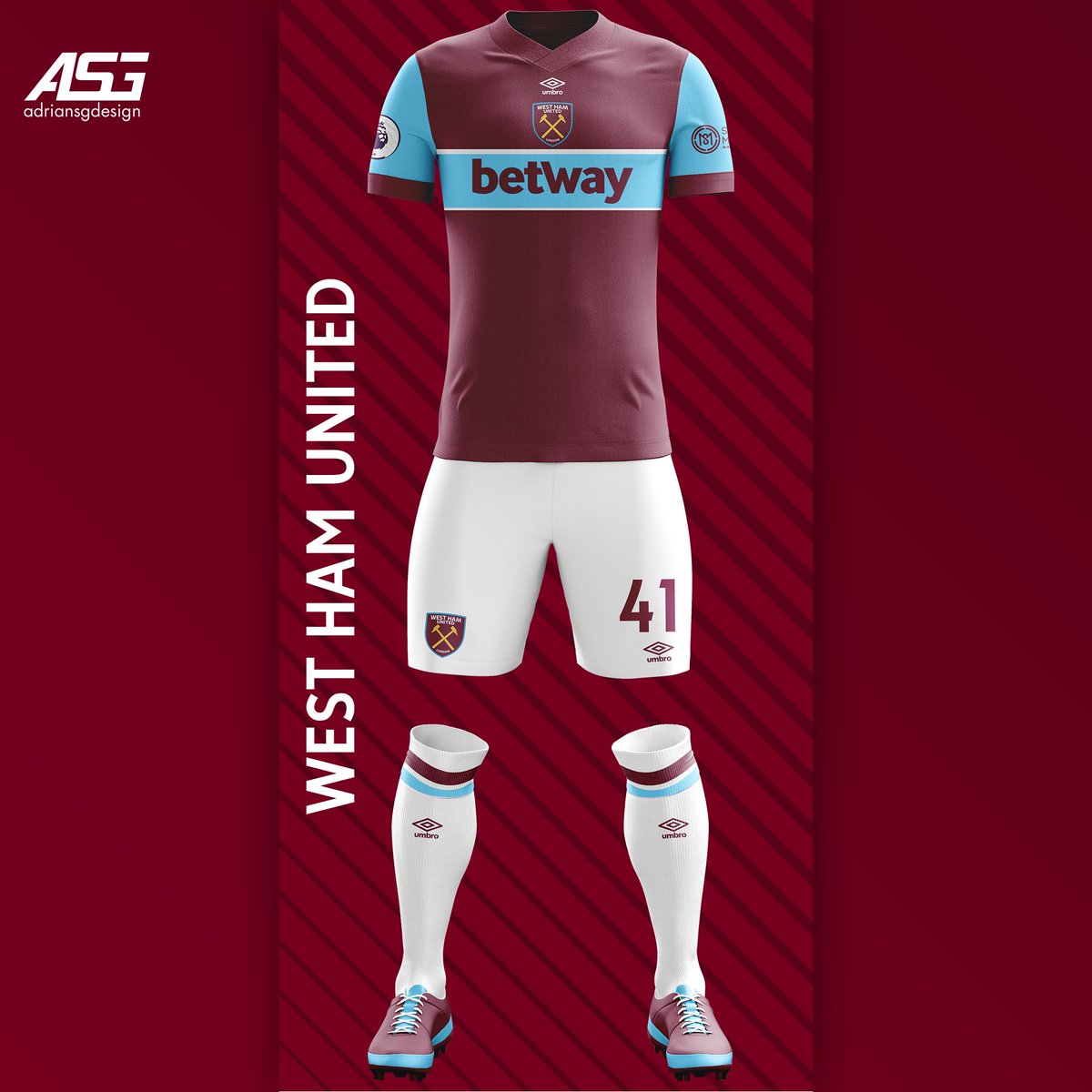 West Ham  @WestHam Maroon base with blue sleeves. Also added a blue line similar to the old early 80s West Ham kits.