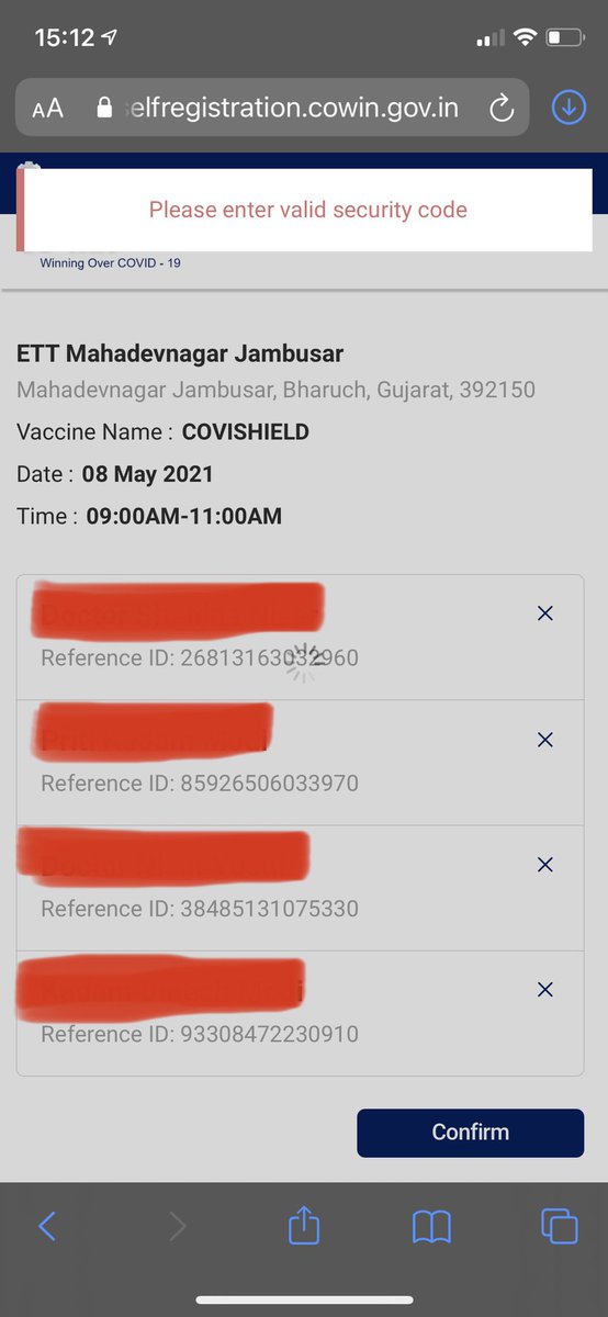 sajidsanwari's tweet image. @CoWIN20India why am i getting an error “please enter valid security code” while trying to book a slot. What does this mean? What code is this.. lost out on 4 different places coz of this error. please help #UnknownError #NeedSolution #ResolveIt #ASAP