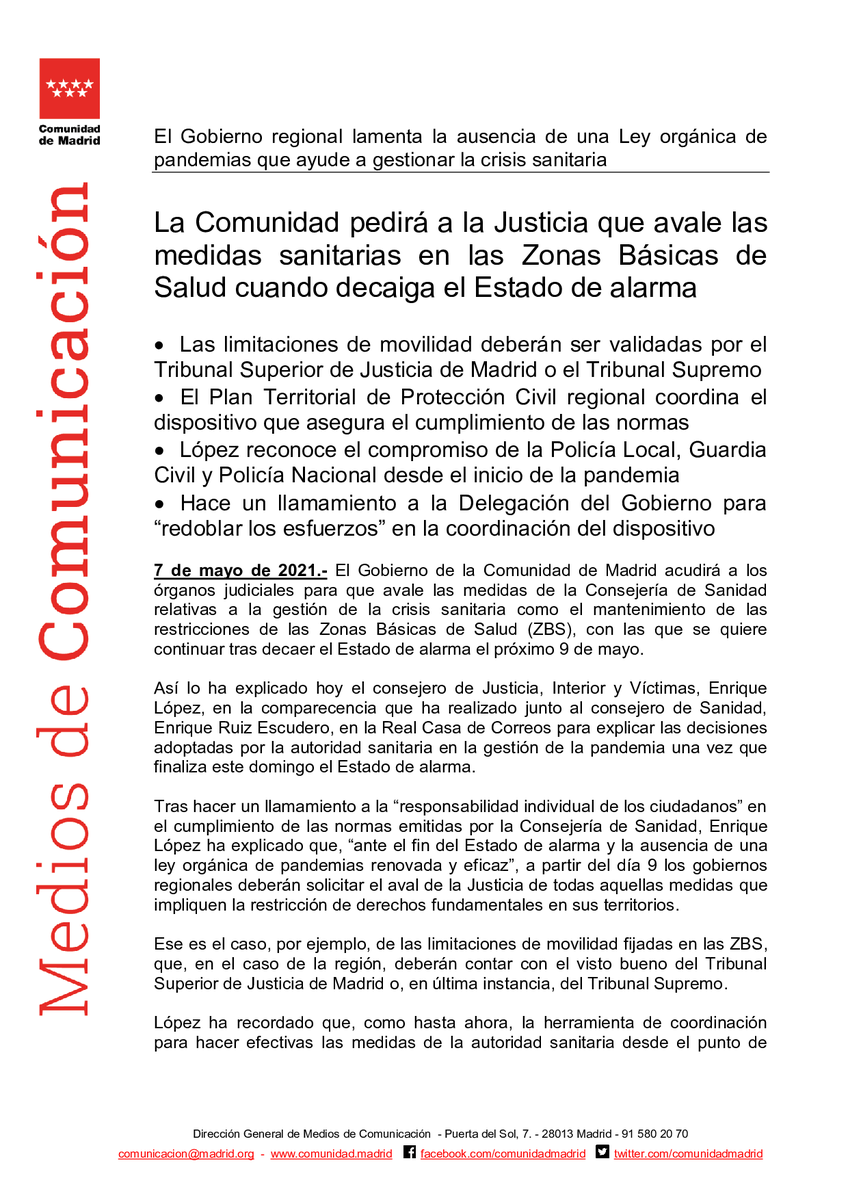 SaludMadrid's tweet photo. La @ComunidadMadrid pedirá a la Justicia que avale las medidas sanitarias en las Zonas Básicas de Salud cuando decaiga el #EstadoDeAlarma 

#Coronavirusmadrid #madrid #coronavirus https://t.co/N7eBlSJ1WB